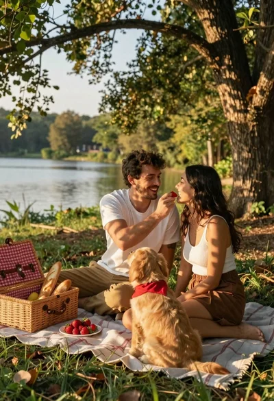 Romantic couple feeding strawberries on picnic blanket in forest near lake