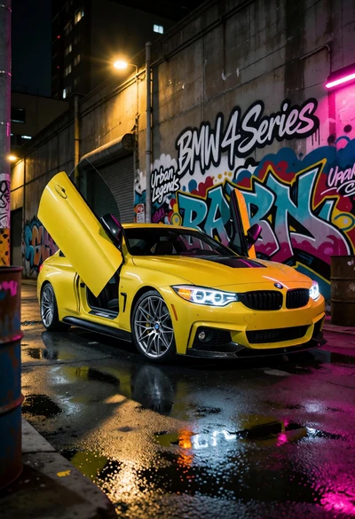 Bright yellow bmw 4 series sedan in gritty graffiti alleyway at night