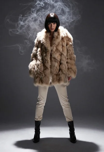 Full body studio portrait of woman in beige fur coat and cream