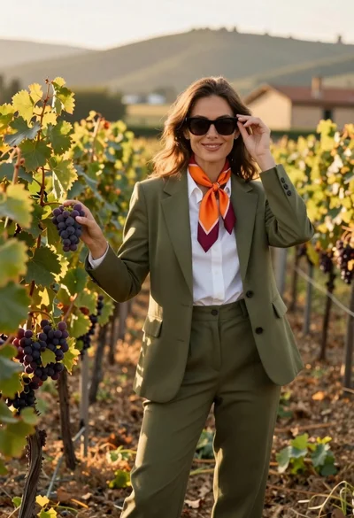 Smiling woman in olive green suit posing in a vineyard at golden