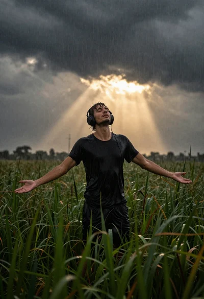 Young man standing in tall grass field with arms outstretched under rain