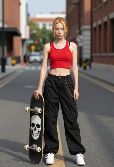 Young woman with reddish blonde hair holding skateboard on urban street