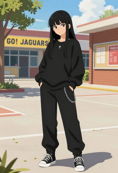 Young woman in black streetwear standing in a sunny school courtyard