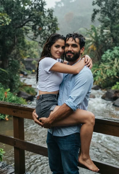 Romantic couple embracing on a wooden bridge in the falling rain