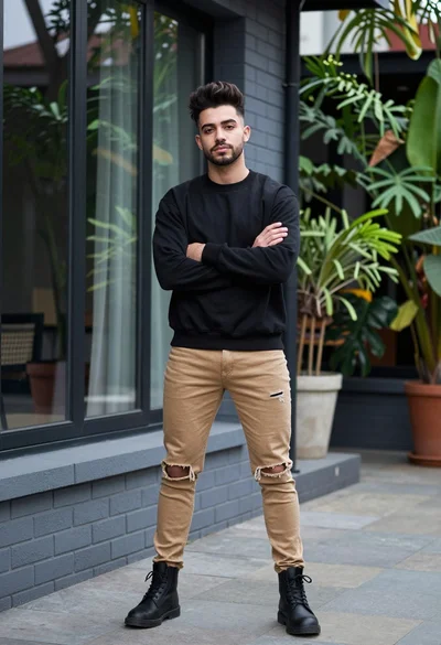 Young man in black sweatshirt standing outdoors near modern building windows