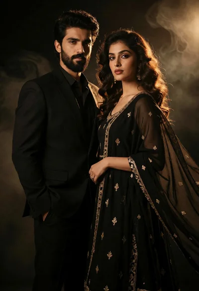 Cinematic studio portrait of stylish couple in black attire with gold embroidery