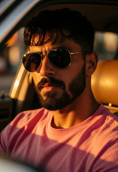 Closeup portrait of man with beard in car bathed in golden sunlight