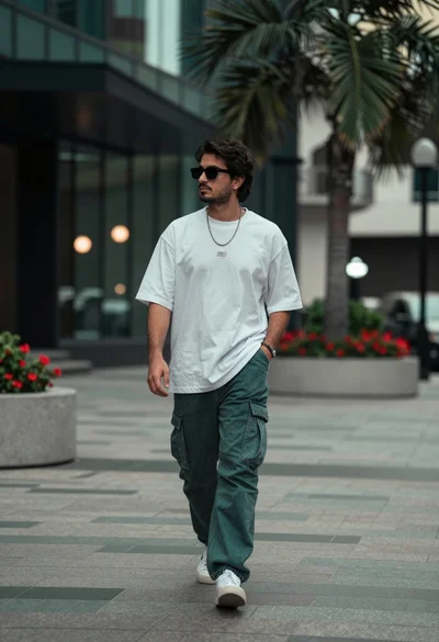 Young man walking down urban plaza street with modern building background