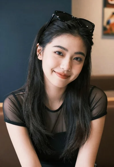 Medium close up portrait of young woman with dark hair indoors