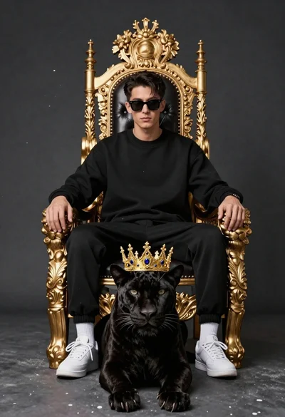 Man on golden throne with black panther companion