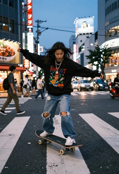 Skateboarding woman in busy japanese city at twilight