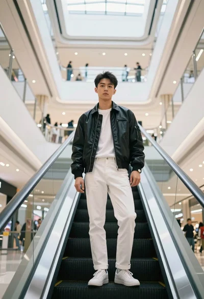 Young asian man in black jacket standing on escalator in modern shopping