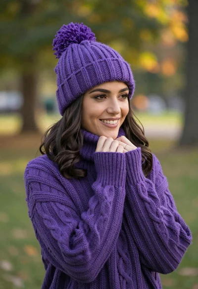 Smiling young woman in purple knit beanie and sweater in sunny park