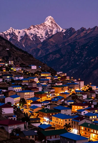 Panoramic view of colorful mountain town beneath majestic snow capped peak at