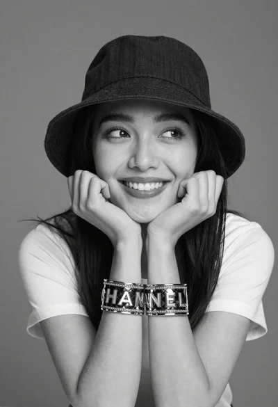 Black and white portrait of smiling woman with hat and bracelets
