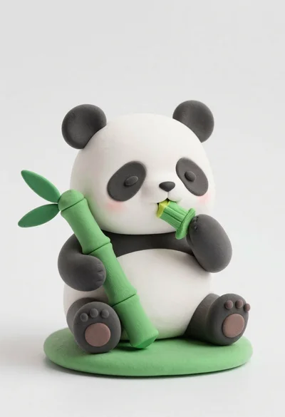 Cute clay panda figurine eating bamboo on a green base