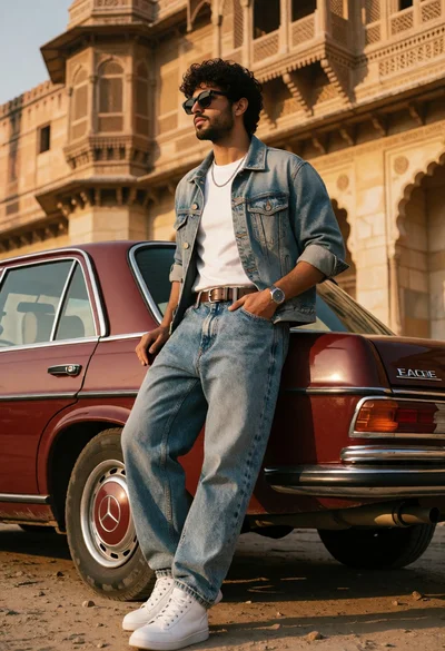 Stylish young man leaning on vintage mercedes car near sandstone palace