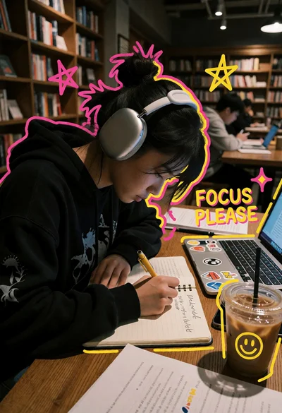 Young person writing at wooden table in dimly lit library setting