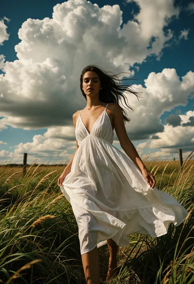Woman walking through tall grass beneath dramatic cloudy sky at golden hour