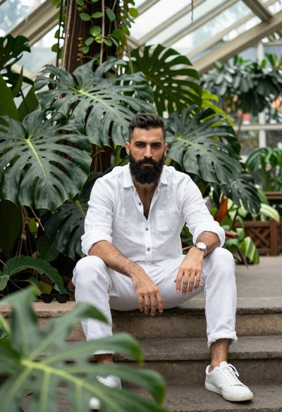 Confident bearded man in white linen shirt sitting on stone steps in