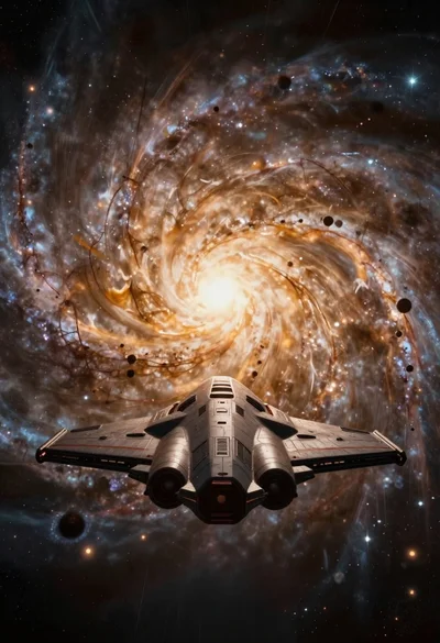 Futuristic spaceship near colossal swirling cosmic vortex