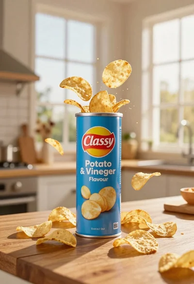 Blue classy potato salt and vinegar can with chips exploding on wooden