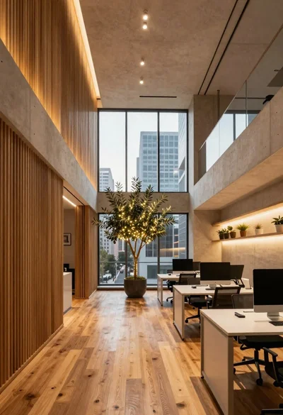 Modern office interior with wood and concrete design