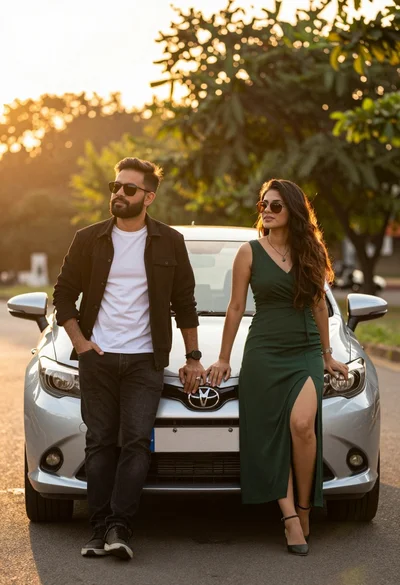 Man and woman posing confidently by a silver car during golden hour