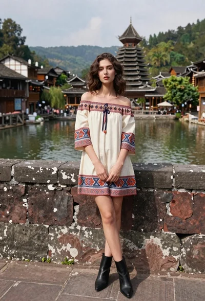 Young woman in patterned dress leaning against stone wall by river