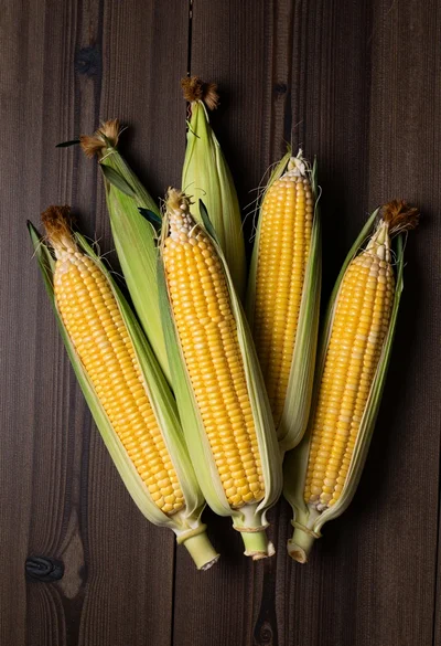 Top down view of five yellow corn cobs on a dark wooden