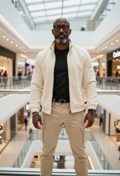 Stylish man standing on a modern shopping mall walkway