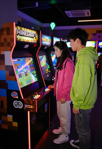Two people looking at arcade cabinet in dimly lit hall