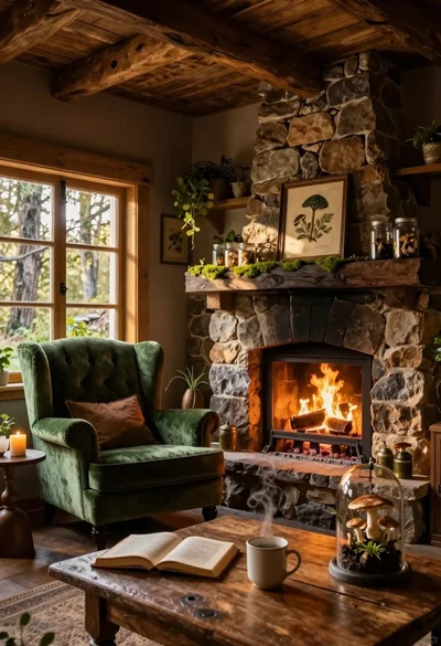 Cozy rustic cabin interior with green velvet armchair and stone fireplace