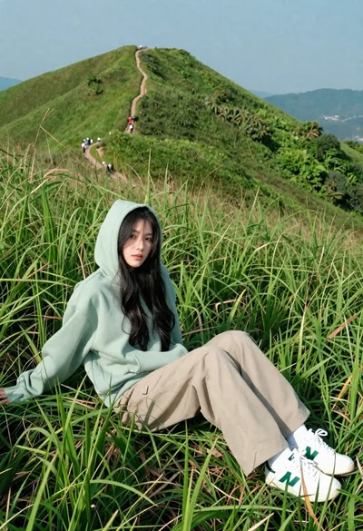 Young woman in green hoodie reclining in tall grass on mountain ridge