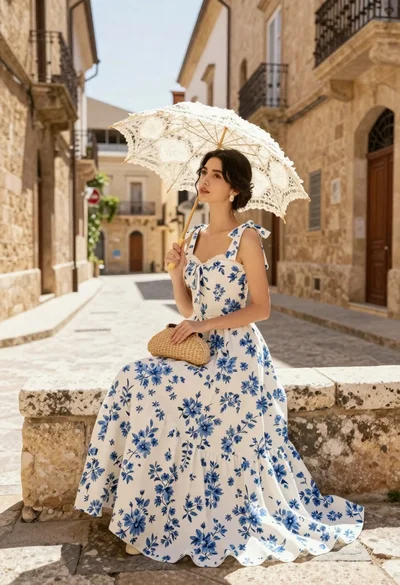 Young woman in white floral dress holding lace parasol on cobblestone street
