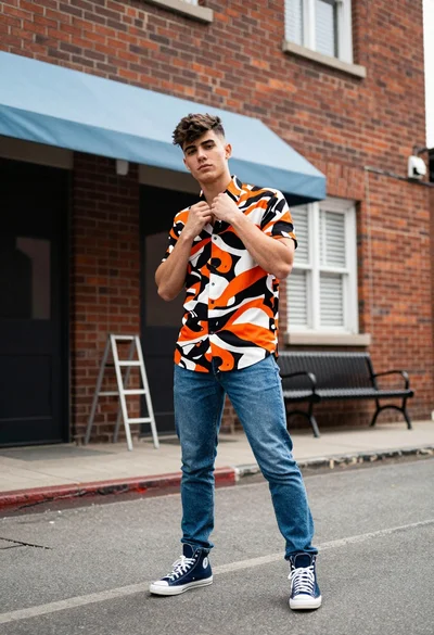 Young man adjusting shirt collar on urban street near red brick building