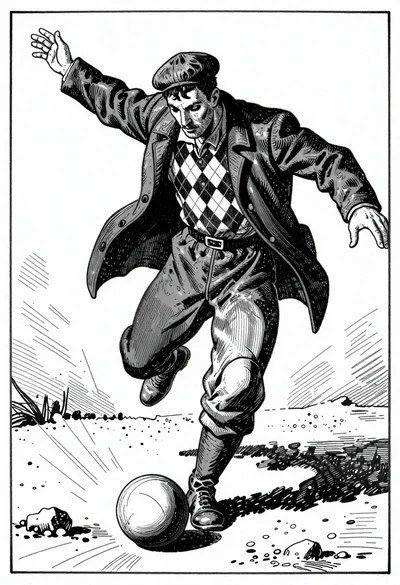 Man kicking a ball on rough ground illustration