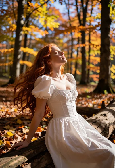 Woman with red hair in white dress seated on log in autumn