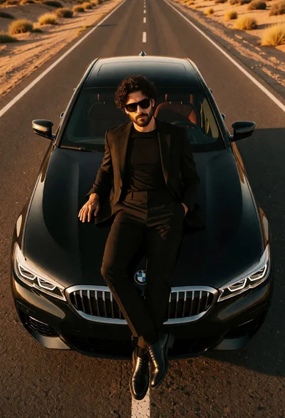 Man in black suit reclining on hood of bmw sedan desert highway
