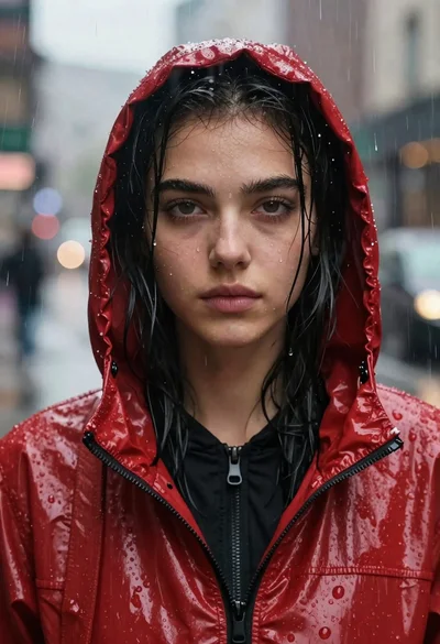 Close up portrait of woman in red jacket in rain