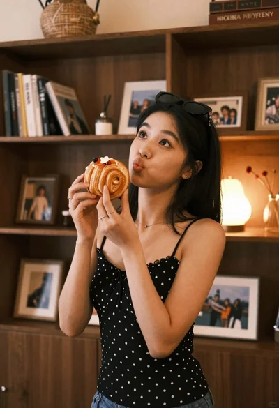 Young woman with dark hair holding pastry in warmly lit room