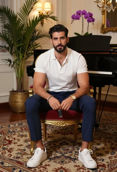 Handsome man seated in ornate armchair with piano and orchids background