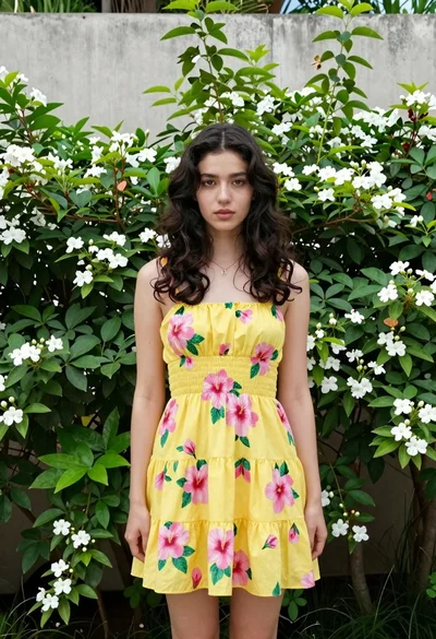 Young woman in yellow floral dress standing in lush garden setting