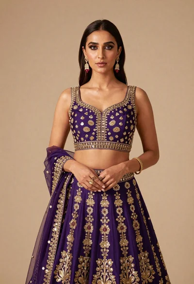 Poised woman in ornate purple lehenga choli against beige studio background