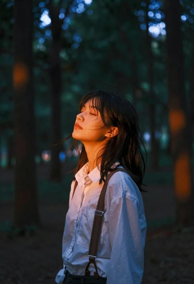 Young woman with dark hair standing in a dimly lit forest with