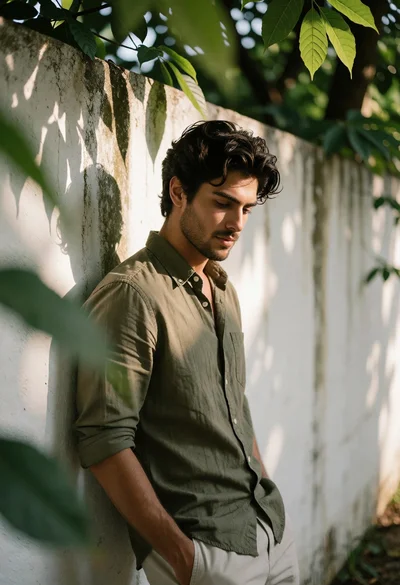 Young man leaning against white wall with dappled sunlight and green foliage