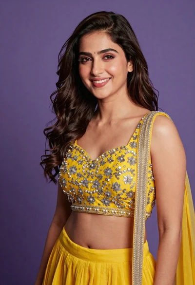 Smiling young woman in yellow lehenga choli against solid purple backdrop
