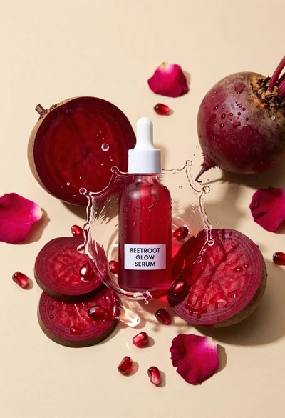 Glass dropper bottle of red serum surrounded by beetroot slices pomegranate seeds
