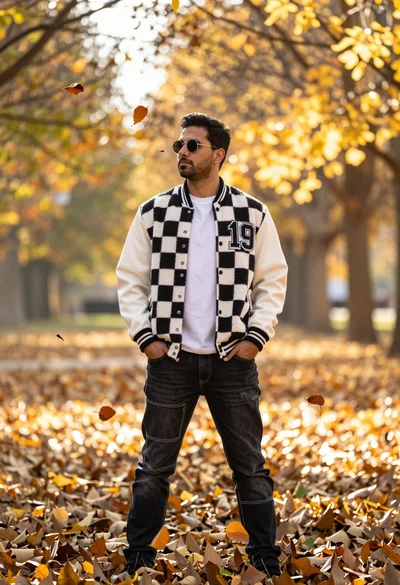 Man in checkered varsity jacket standing in an autumnal park with falling