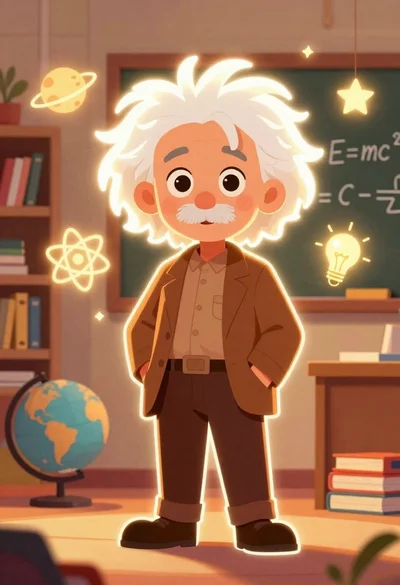 Young man with white hair and mustache standing in a warm classroom